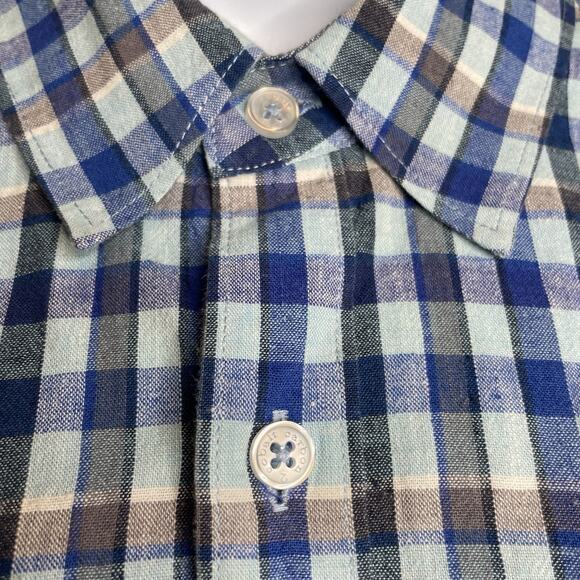 Carbon 2 Cobalt Men's Linen Check Button Up Shirt Size L Preppy Old Money Casual - Picture 9 of 13
